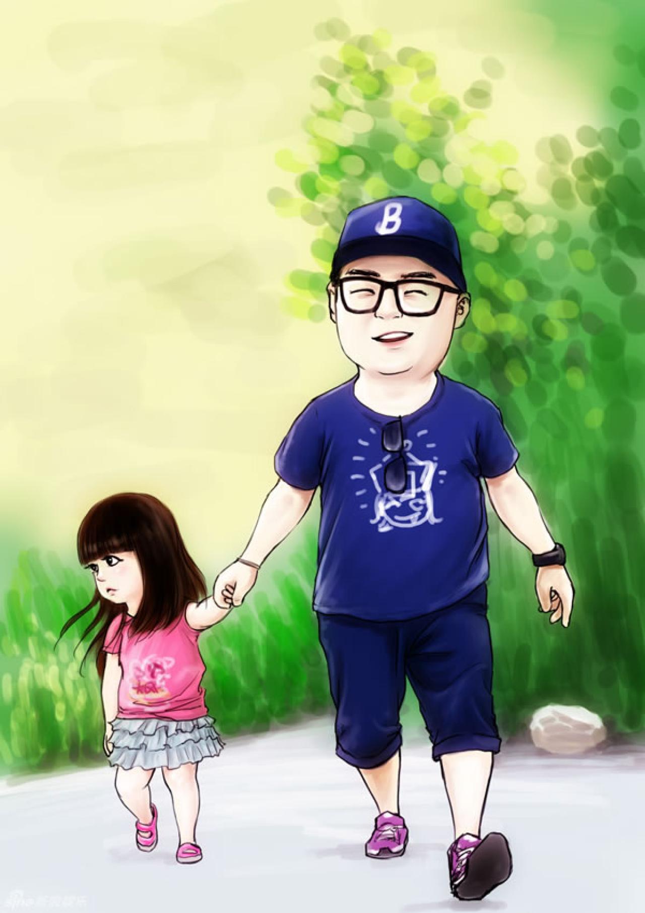 爸爸去哪儿王岳伦父女手牵手的漫画