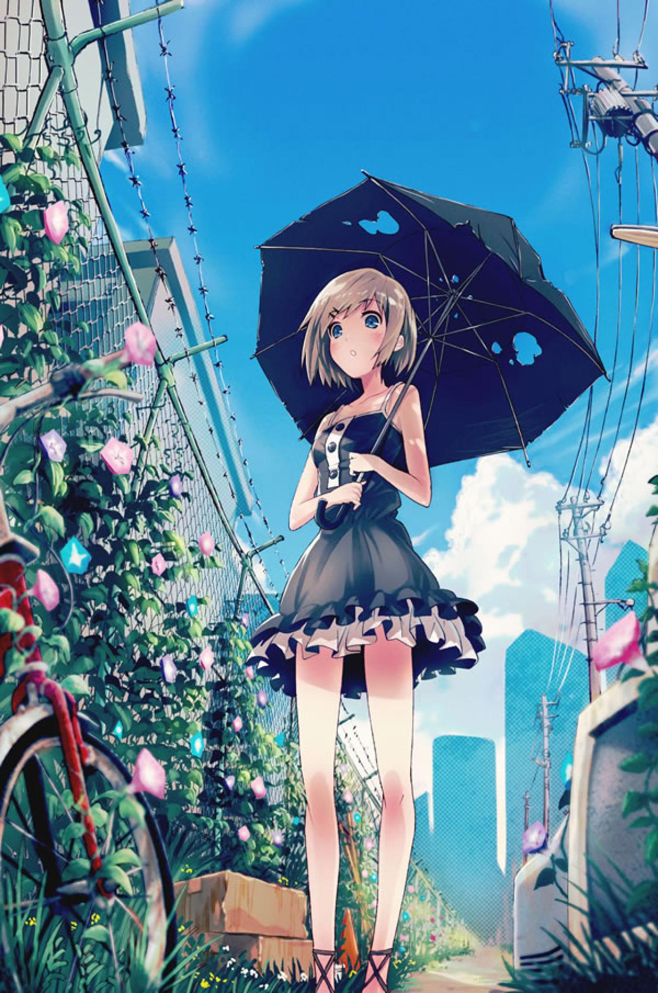 雨过天晴，女孩撑着刚刚被风雨弄破的雨伞走在街上