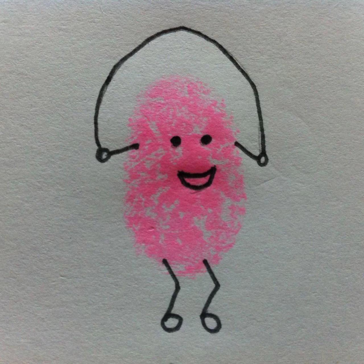 正在跳绳的粉色指纹画小人