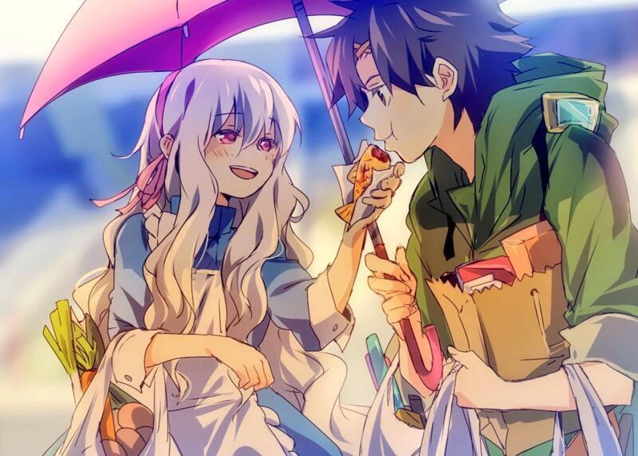 茉莉和seto刚刚采购完东西，走在路上，seto撑着伞，茉莉喂seto食物吃。