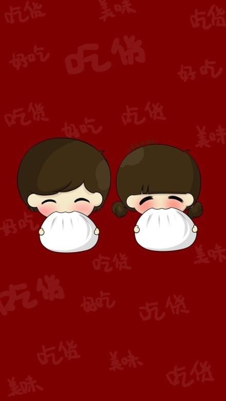 阿树和小希一起吃包子，有吃货、好吃、美味字样手机壁纸