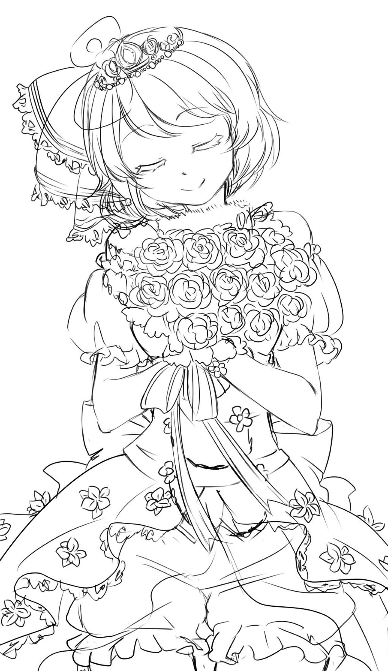 闭着眼睛的短发，拿着手捧花的新娘 叶纸-啃画