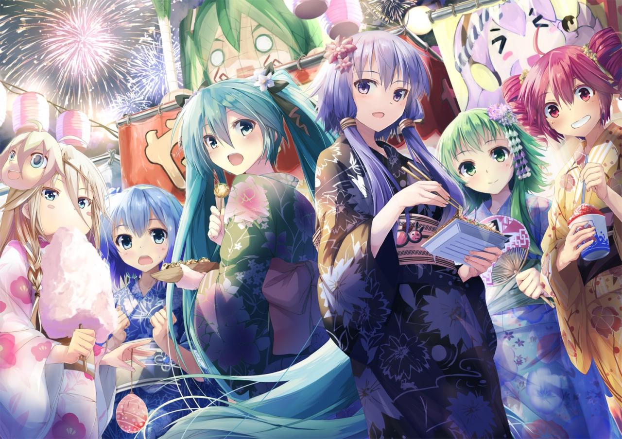 初音未来家族夏日祭大聚会，两位主角正忙着吃东西