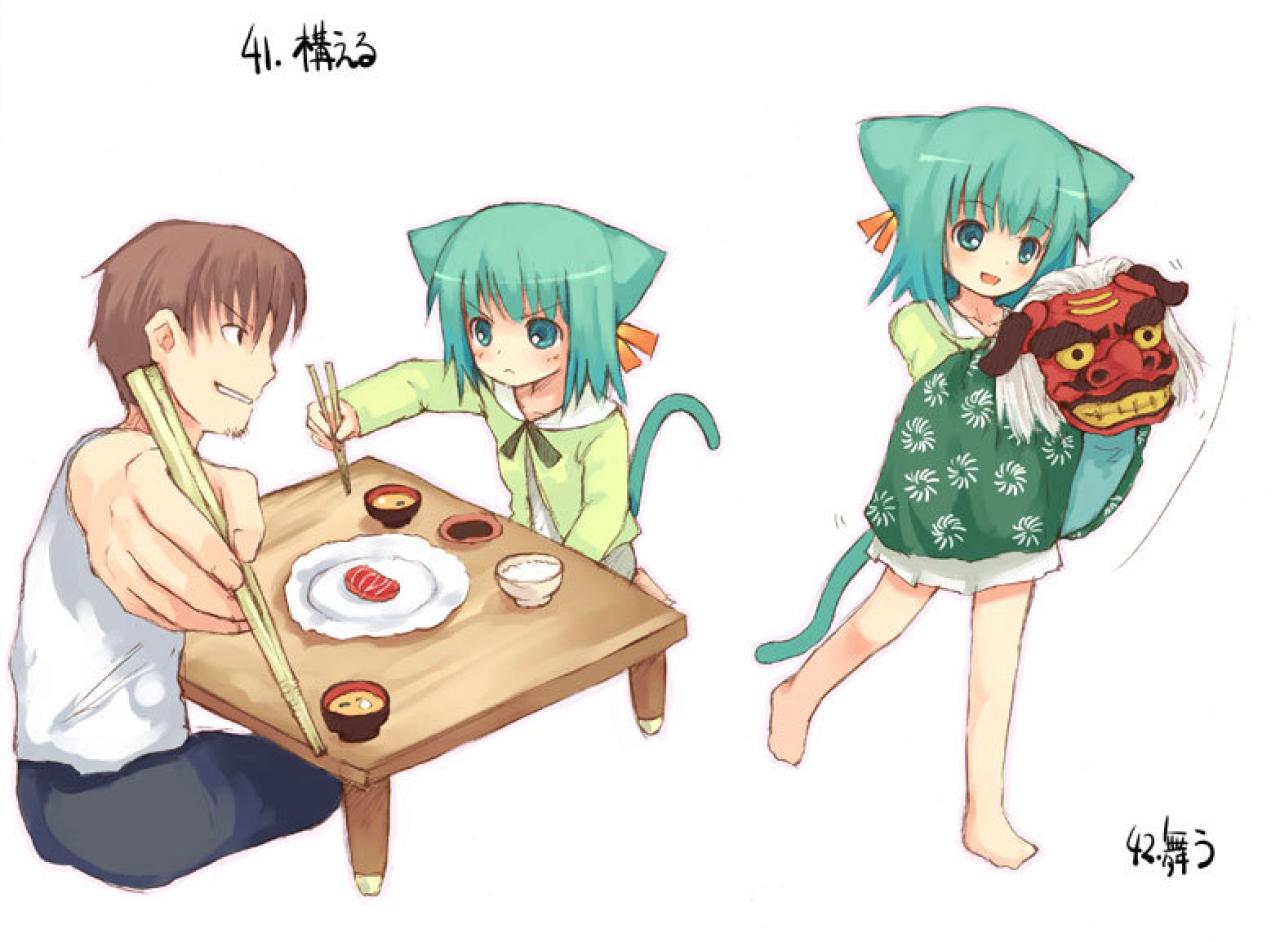 萝莉学着爸爸拿筷子和舞狮子的姿势