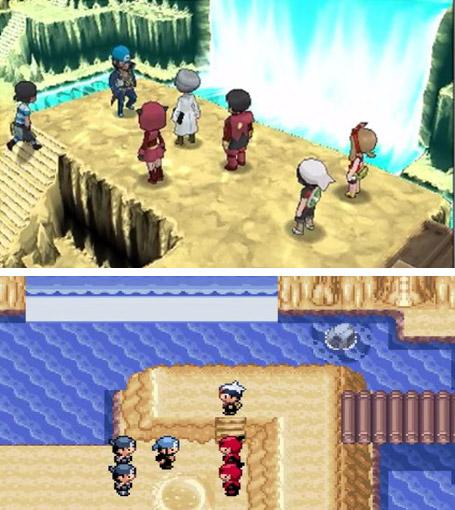 洞窟底部与反派的较量 口袋妖怪红蓝宝石重制版（上）及原版（下）对比图