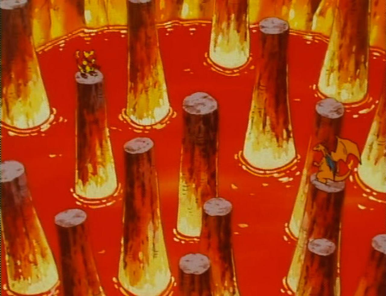 《神奇宝贝》中鸭嘴火龙和喷火龙在火山口熔岩之上的决斗