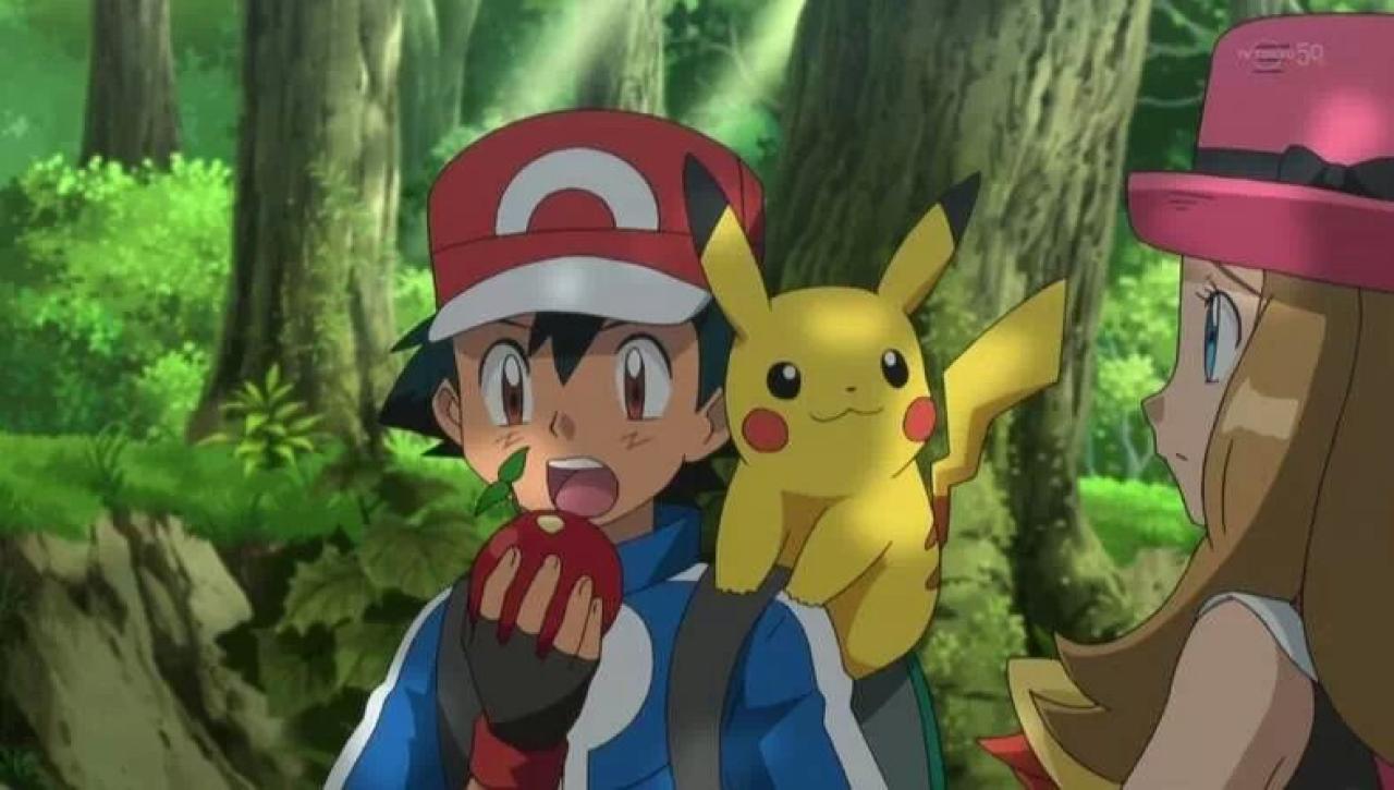 喂完了皮卡丘，小智再吃，皮卡丘看着有点难过表情的瑟蕾娜