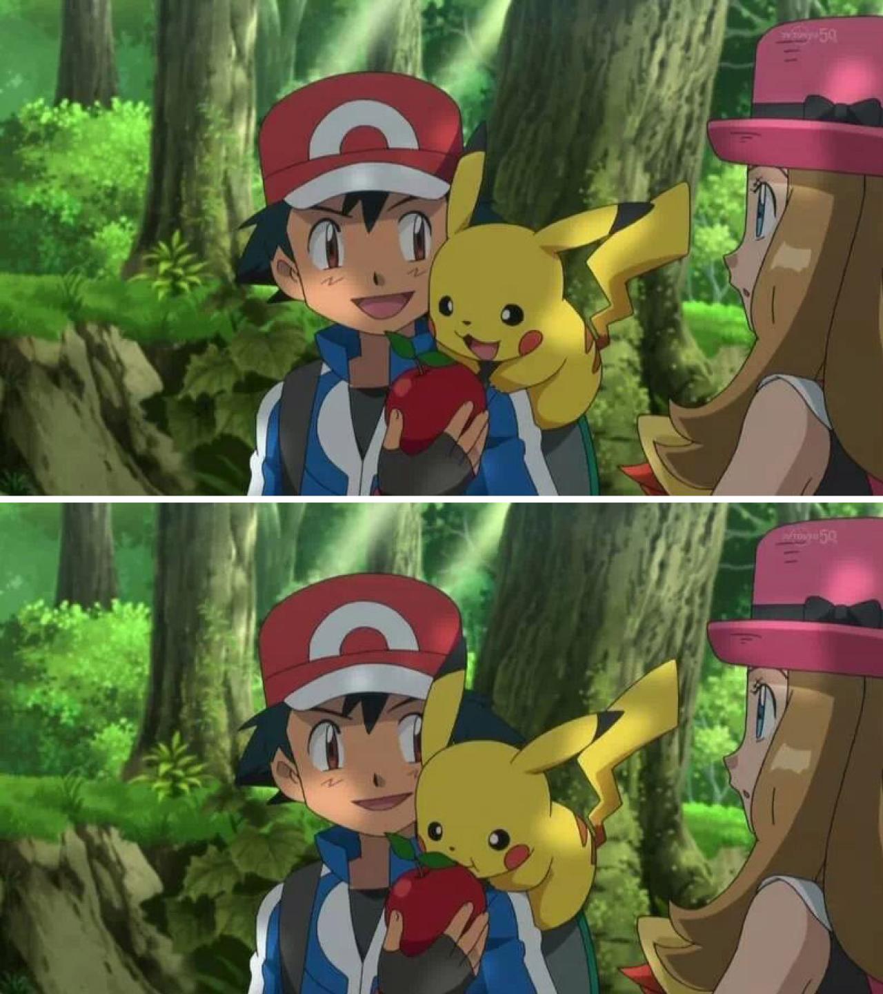 小智拿着红苹果给皮卡丘吃