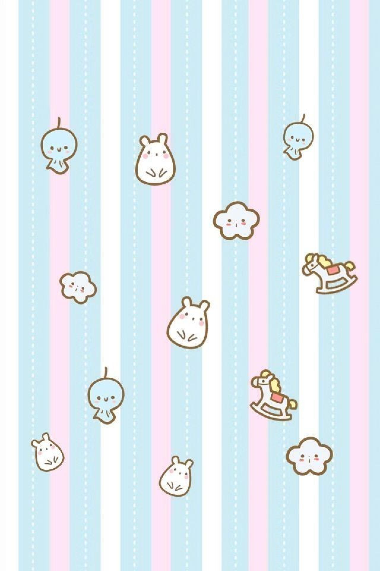 粉蓝白竖状条纹，木马，晴天娃娃图案手机壁纸