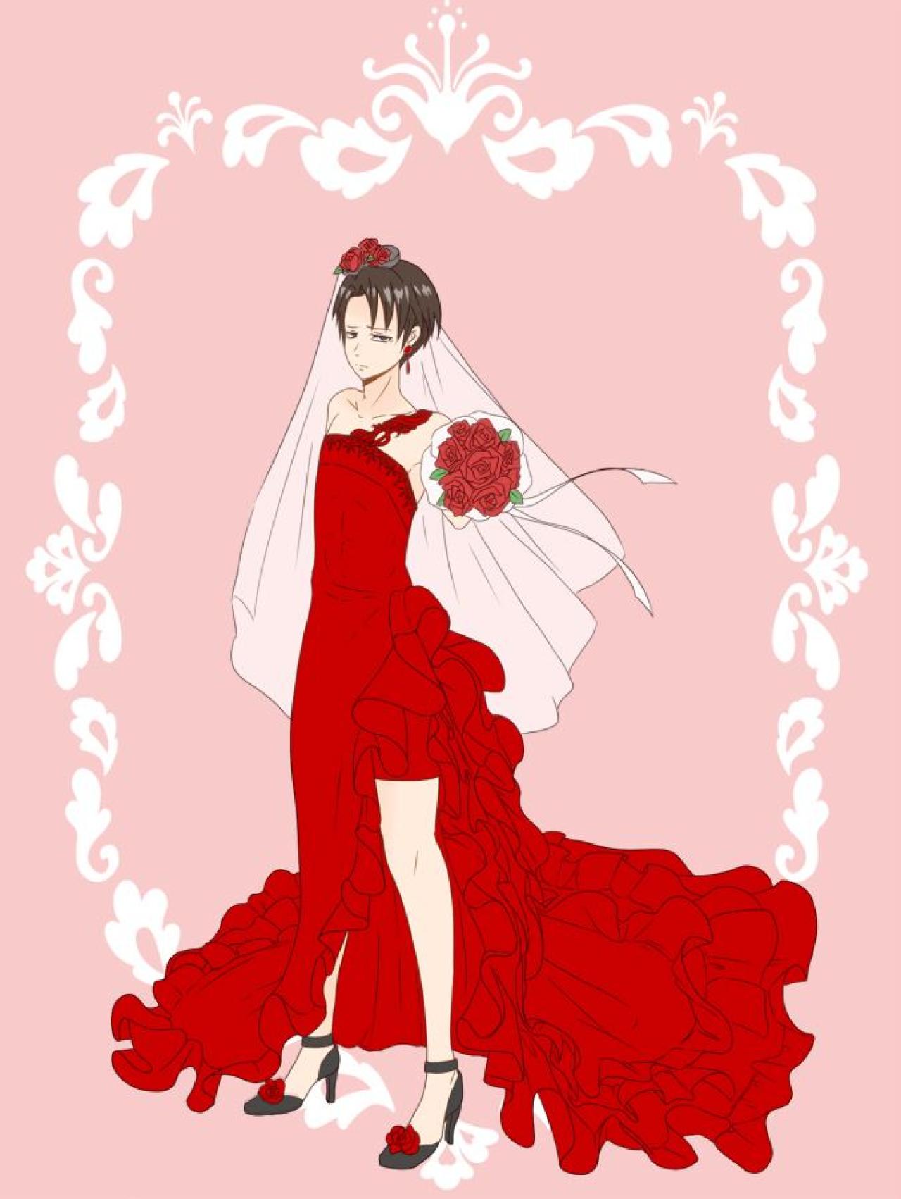 兵长利威尔穿着红色婚纱，拿着红色手捧花