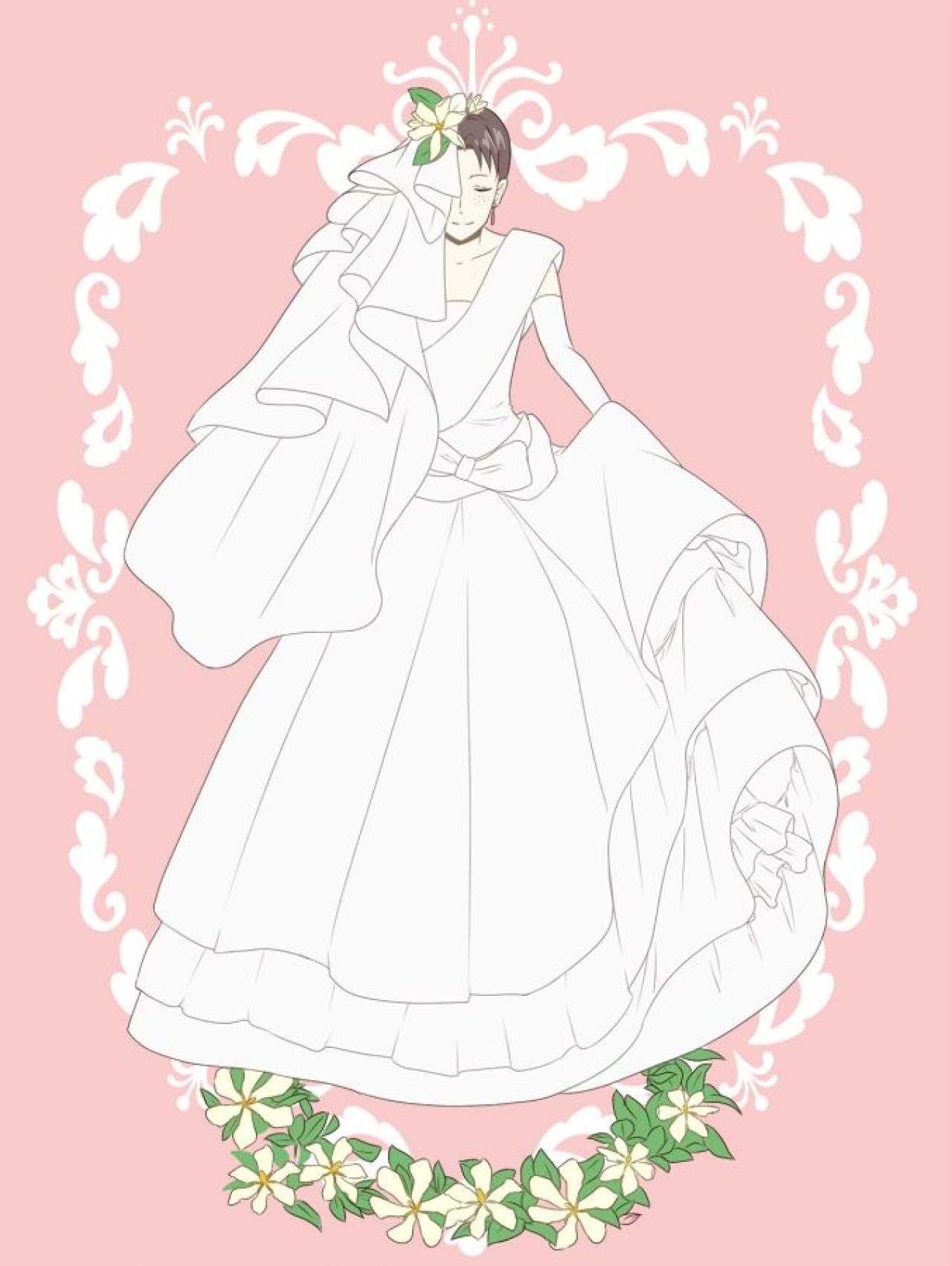 让·基尔希斯坦穿着白色婚纱拎起裙角颔首姿势