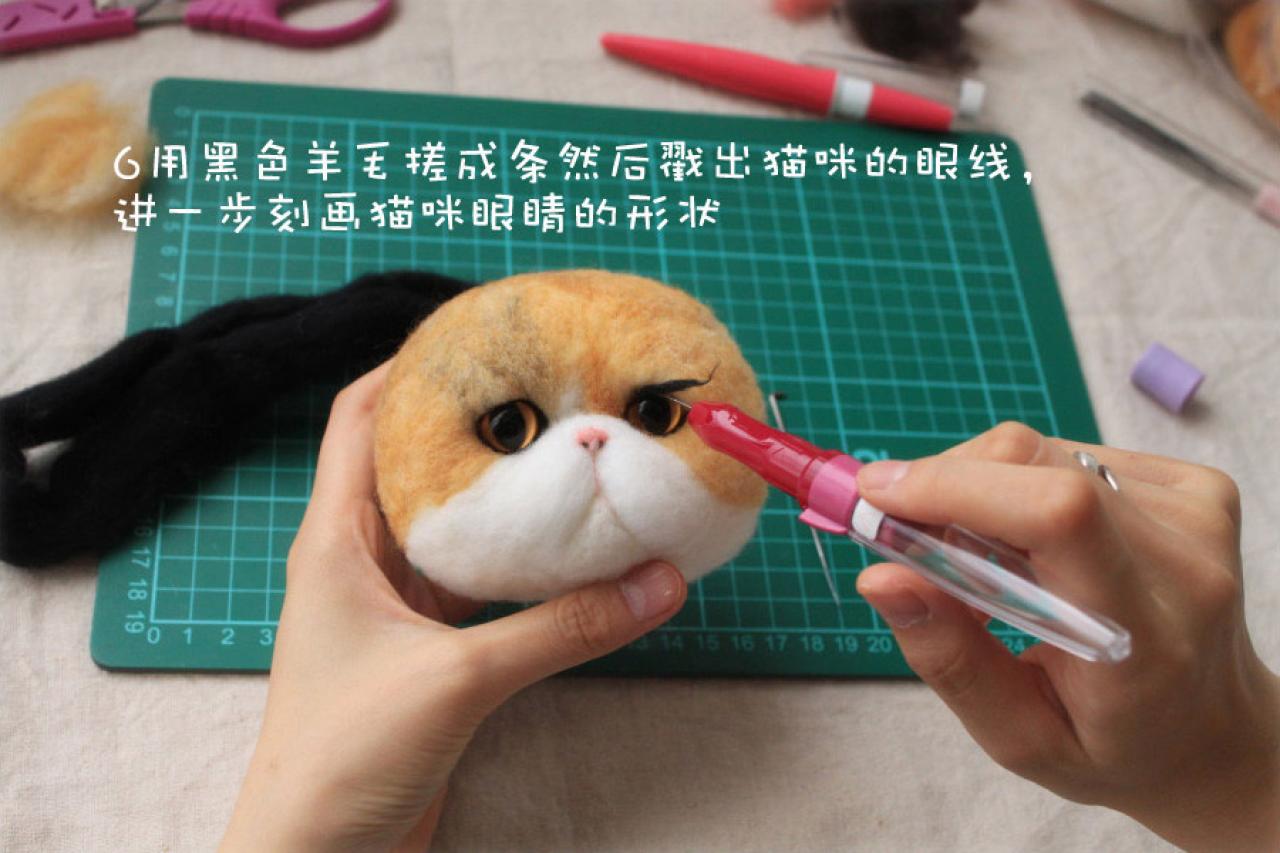 猫咪胸针制作第六步：用黑色羊毛勾勒猫咪眼线