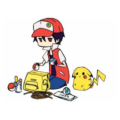 小智拿着精灵球和超级球，皮卡丘坐在一旁