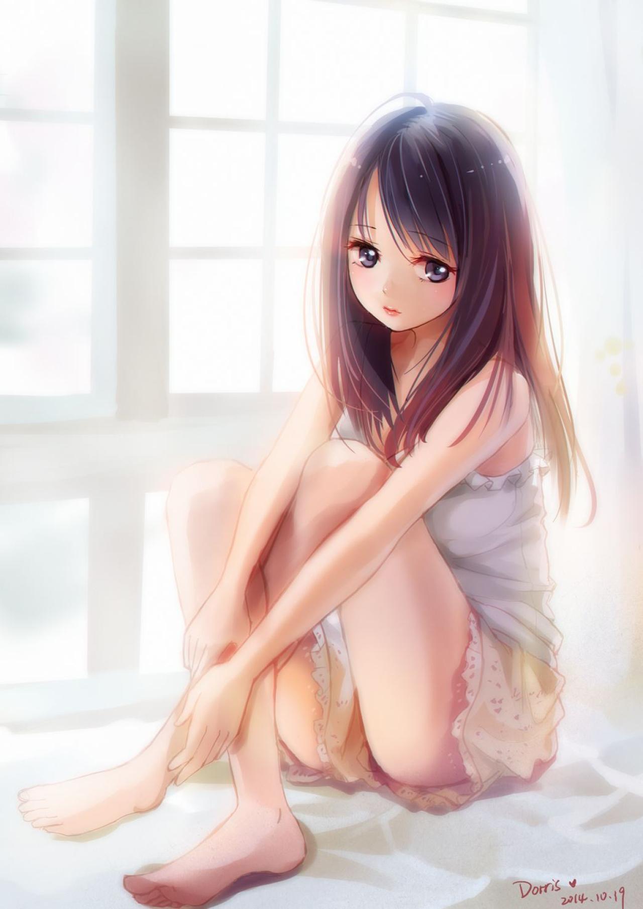 散发披肩的北白川玉子坐在床上有心事的模样 画师Dorris作品 P站ID：46623159