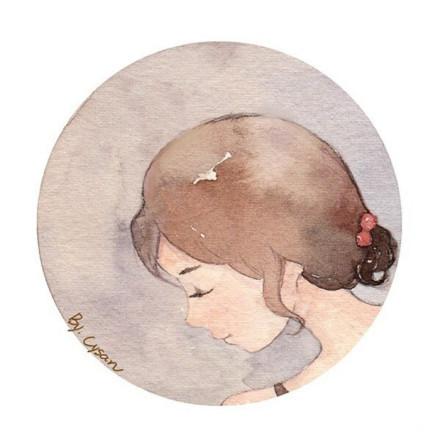 低头沉思的短发少女水彩头像