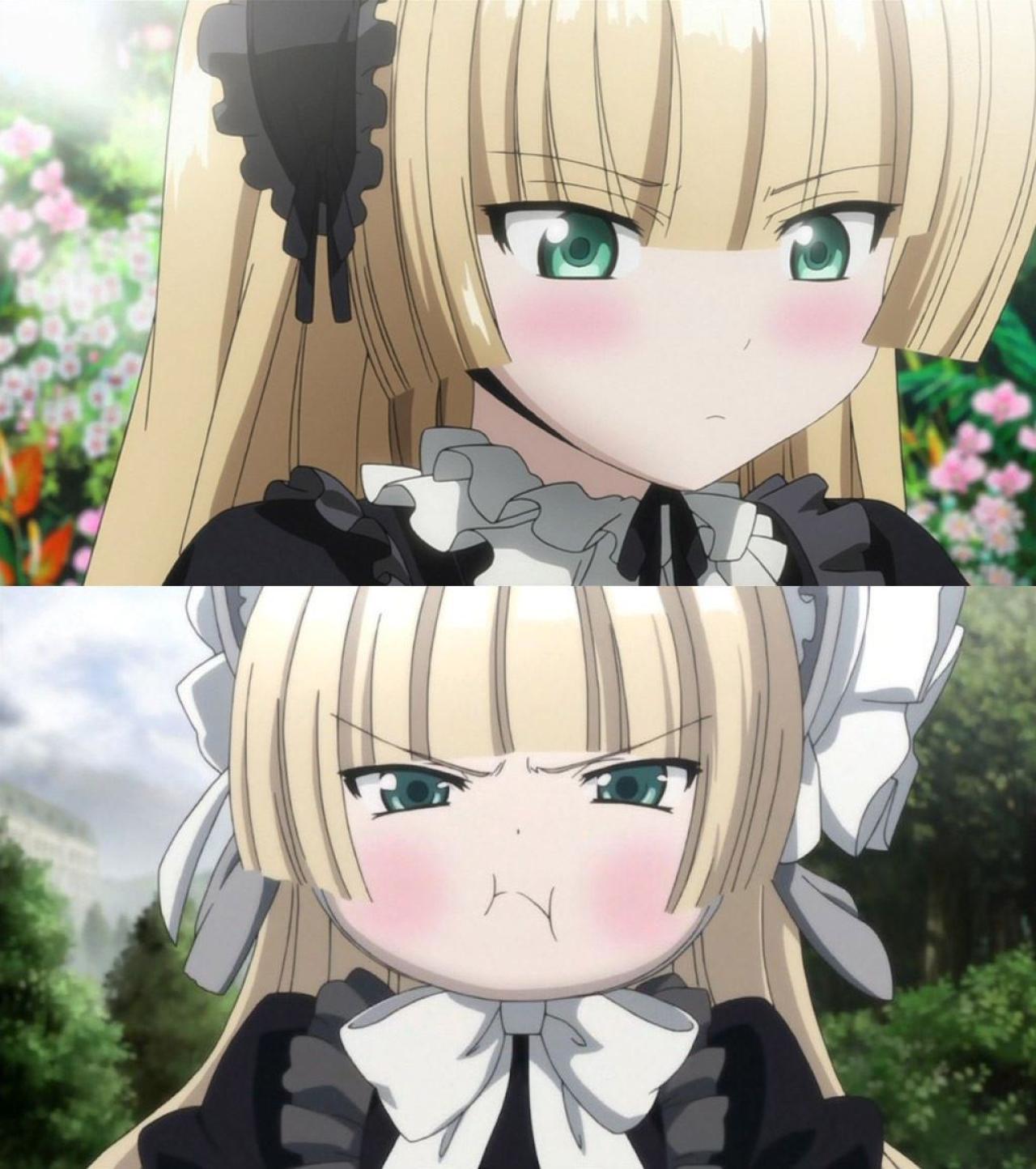 日本作家樱庭一树推理小说《GOSICK》同名改编动画中女主人公维多利加·德·布洛瓦害羞脸红及生气包子脸的剧照
