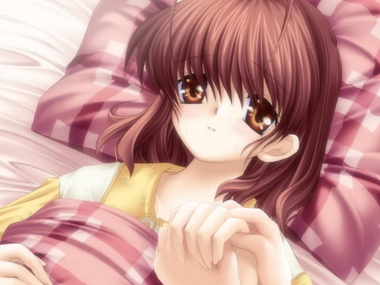 Key社游戏《Clannad》中渚线CG，冈崎渚生病躺在床上，丈夫冈崎朋也握着她的手守在床边