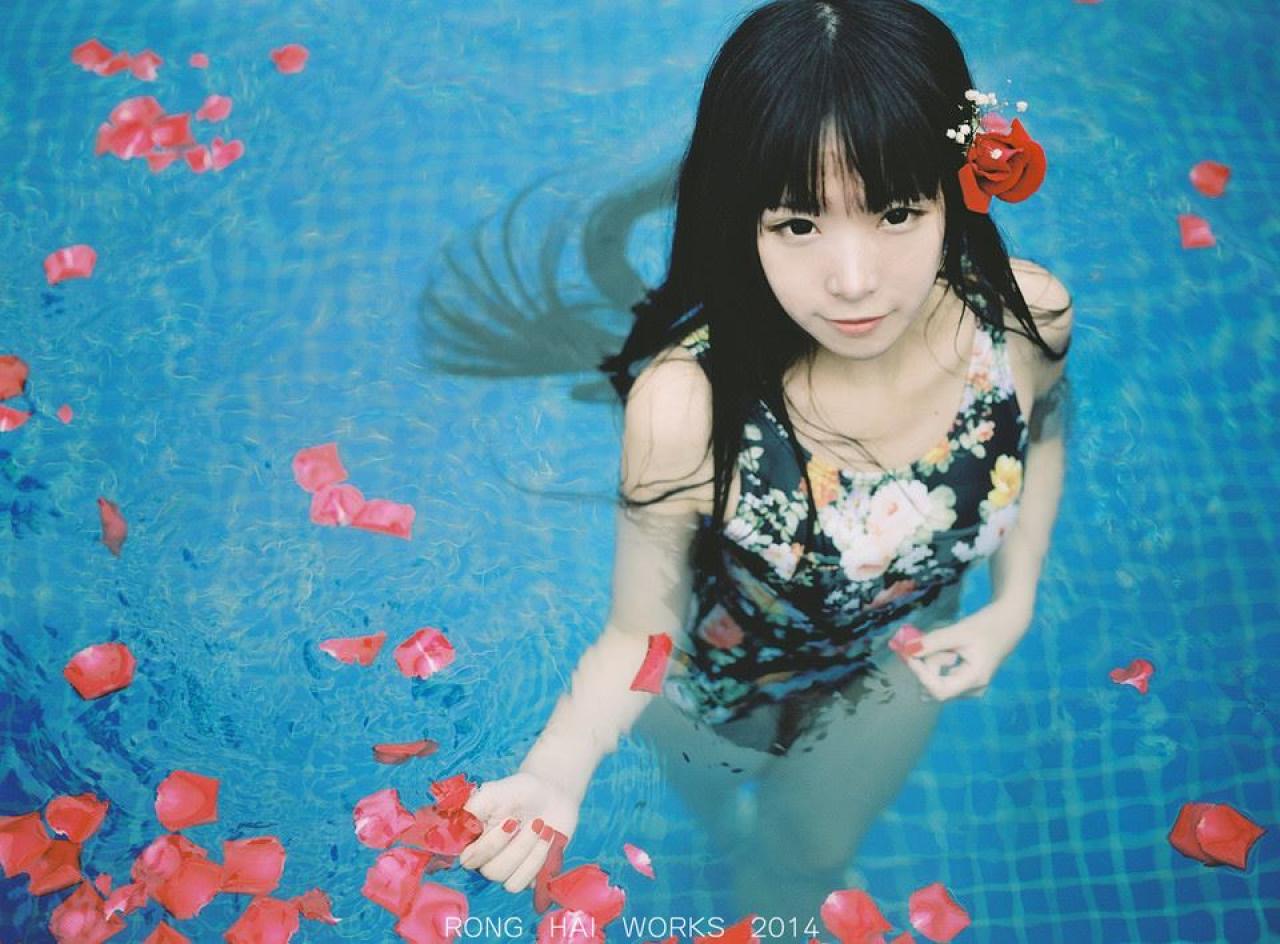 半藏森林和水中漂着的红色花瓣