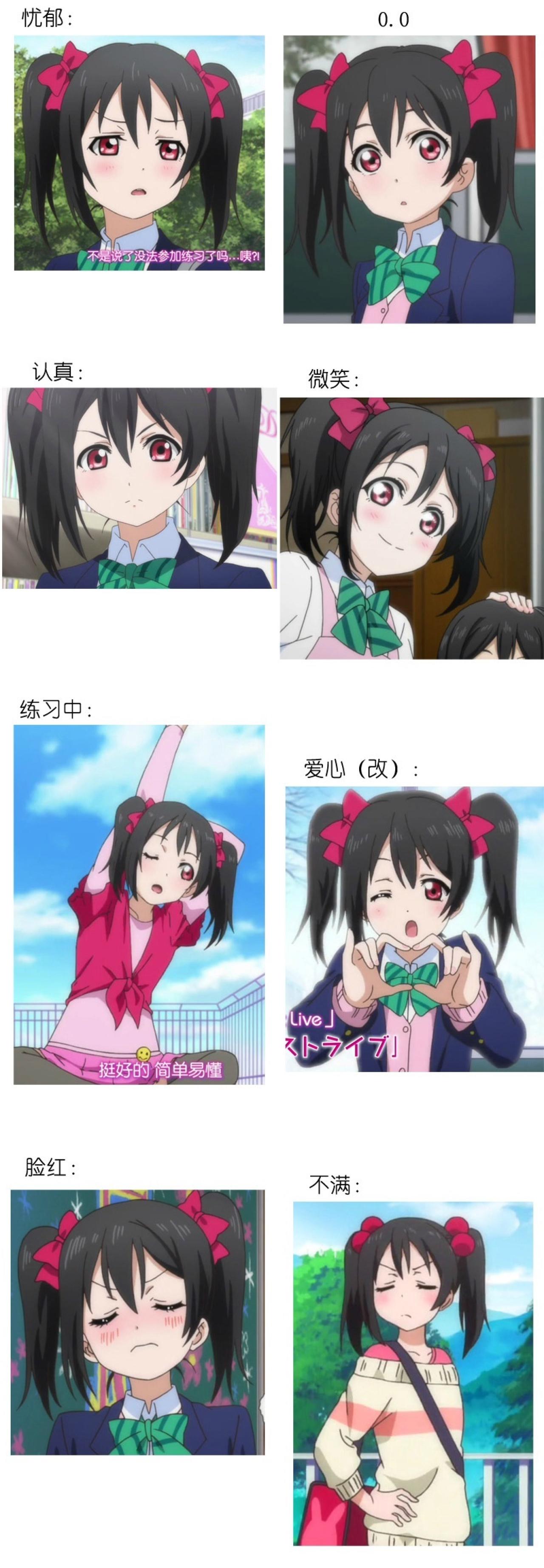 矢泽妮可忧郁、0.0、认真、微笑、练习中、爱心（改）、脸红、不满等表情