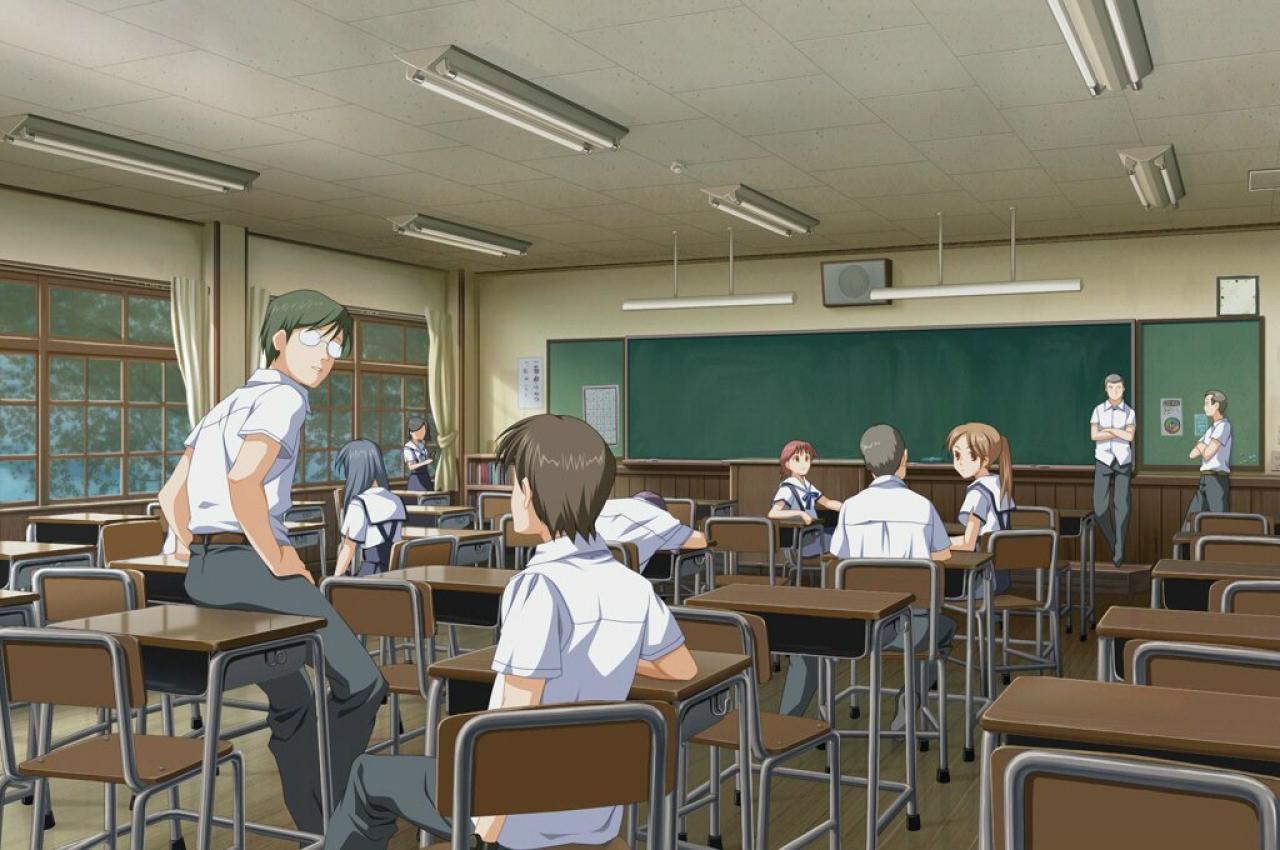 《明日の七海と逢うために》中绿荫里学生下课时的教室