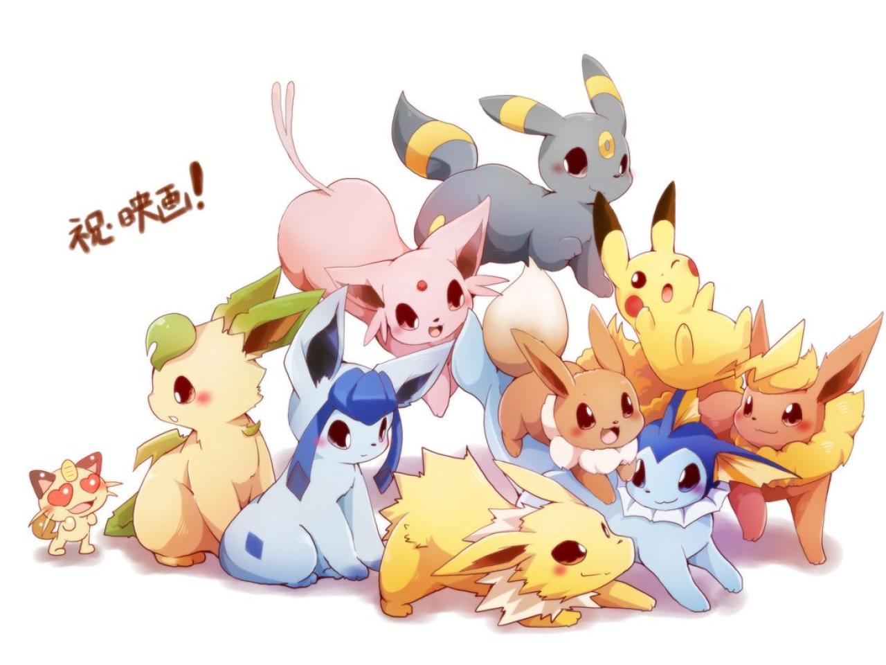 伊布家族（伊布、水精灵、火精灵、雷精灵、太阳精灵、月精灵、叶精灵、冰精灵、仙子精灵）和皮卡丘、喵喵在一起的头像