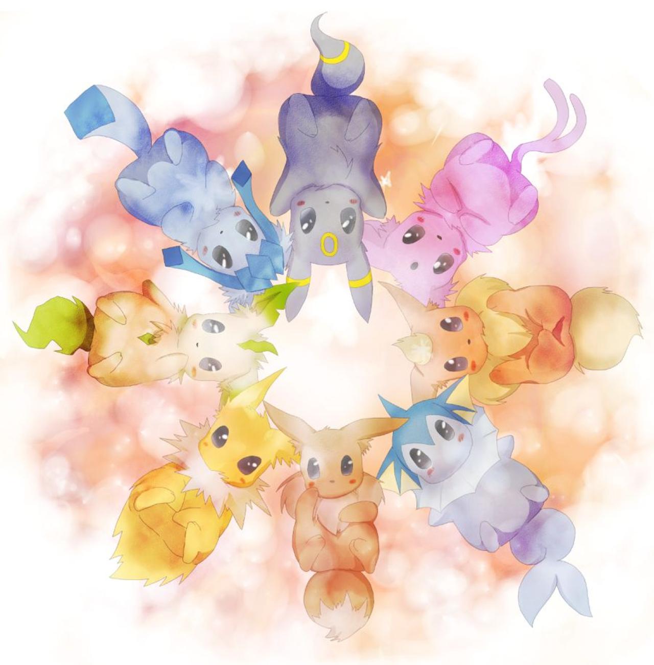 伊布、雷精灵、叶精灵、冰精灵、月精灵、太阳精灵、火精灵和水精灵头挨在一起，围成圆圈的头像