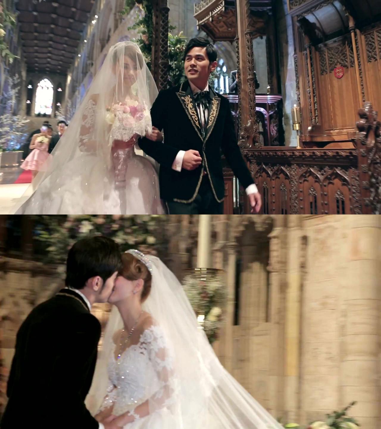 新郎周杰伦和新娘昆凌手挽手走过红毯和亲吻的瞬间