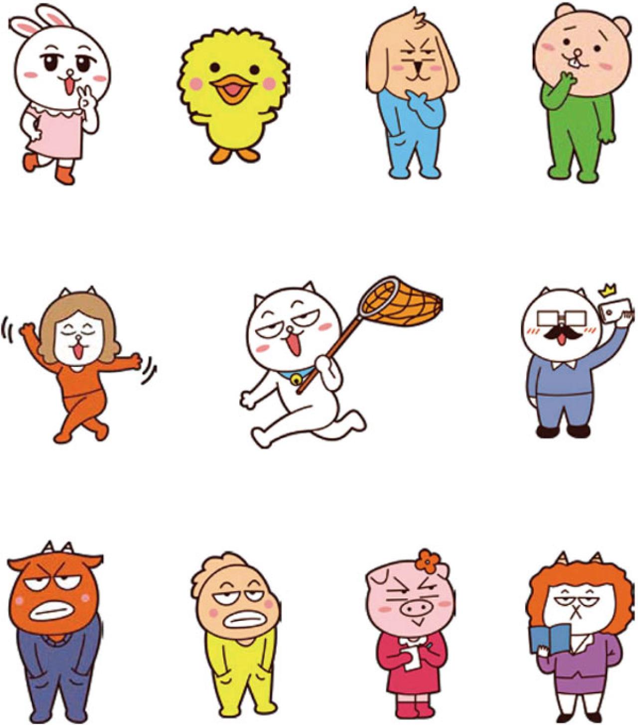 《嗷大喵真棒:爆笑篇》漫画角色：兔小爱、么么鸭、汪德福、熊小二、嗷大喵妈妈、嗷大喵、嗷大喵爸爸、牛大壮、鸡德勒、嘟美丽、羊老师