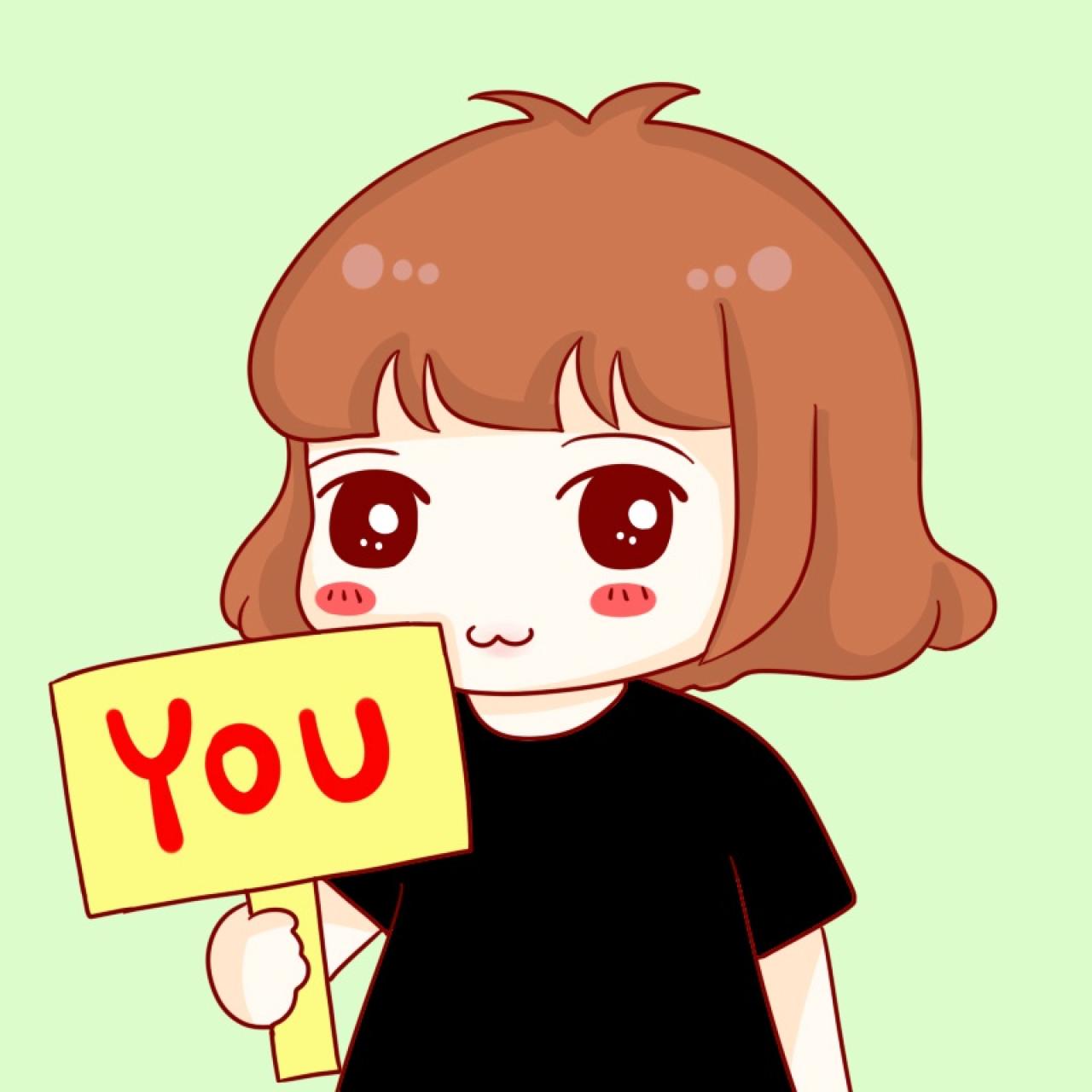 女用情侣头像：举着YOU（你）牌子的短发女生头像