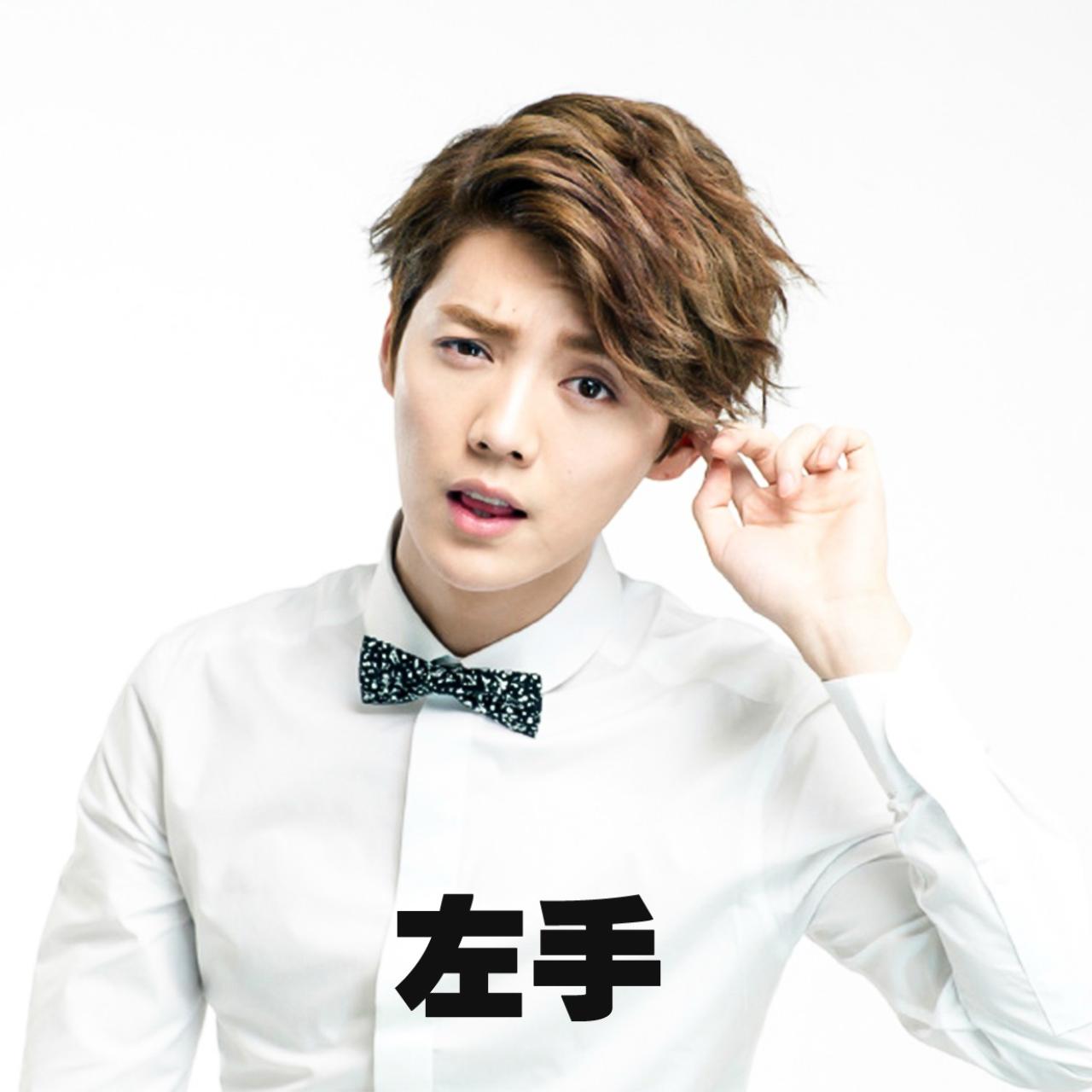 左手食指轻抵耳朵的鹿晗表情：左手