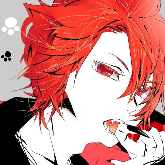 红色长发和眼睛的猫爪猫耳男孩头像