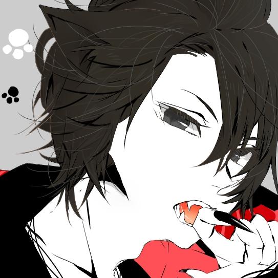 黑色长发和眼睛的猫爪猫耳男孩头像