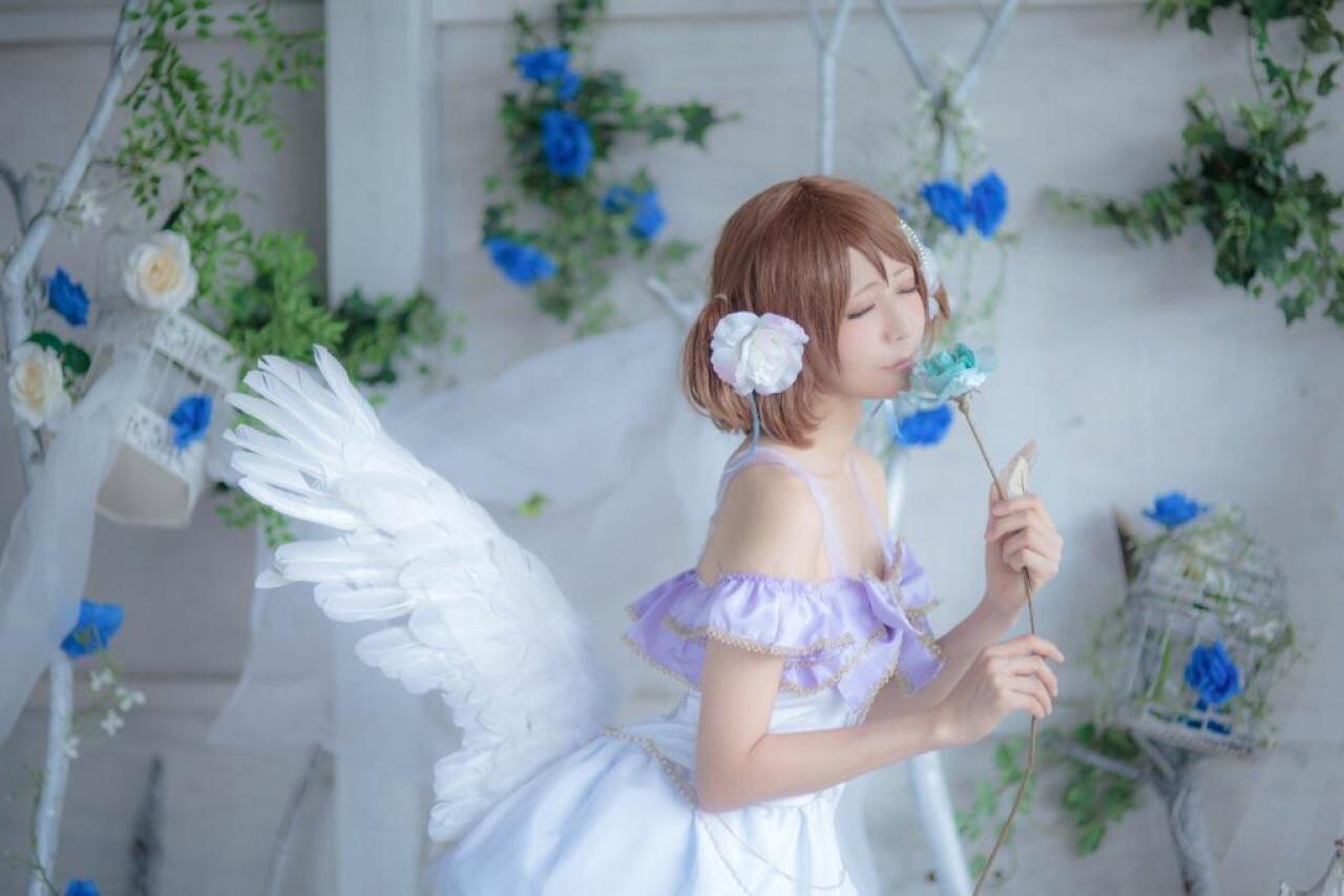 かりちゃ扮小泉花阳亲吻手捧的蓝色花束，张开翅膀 侧面