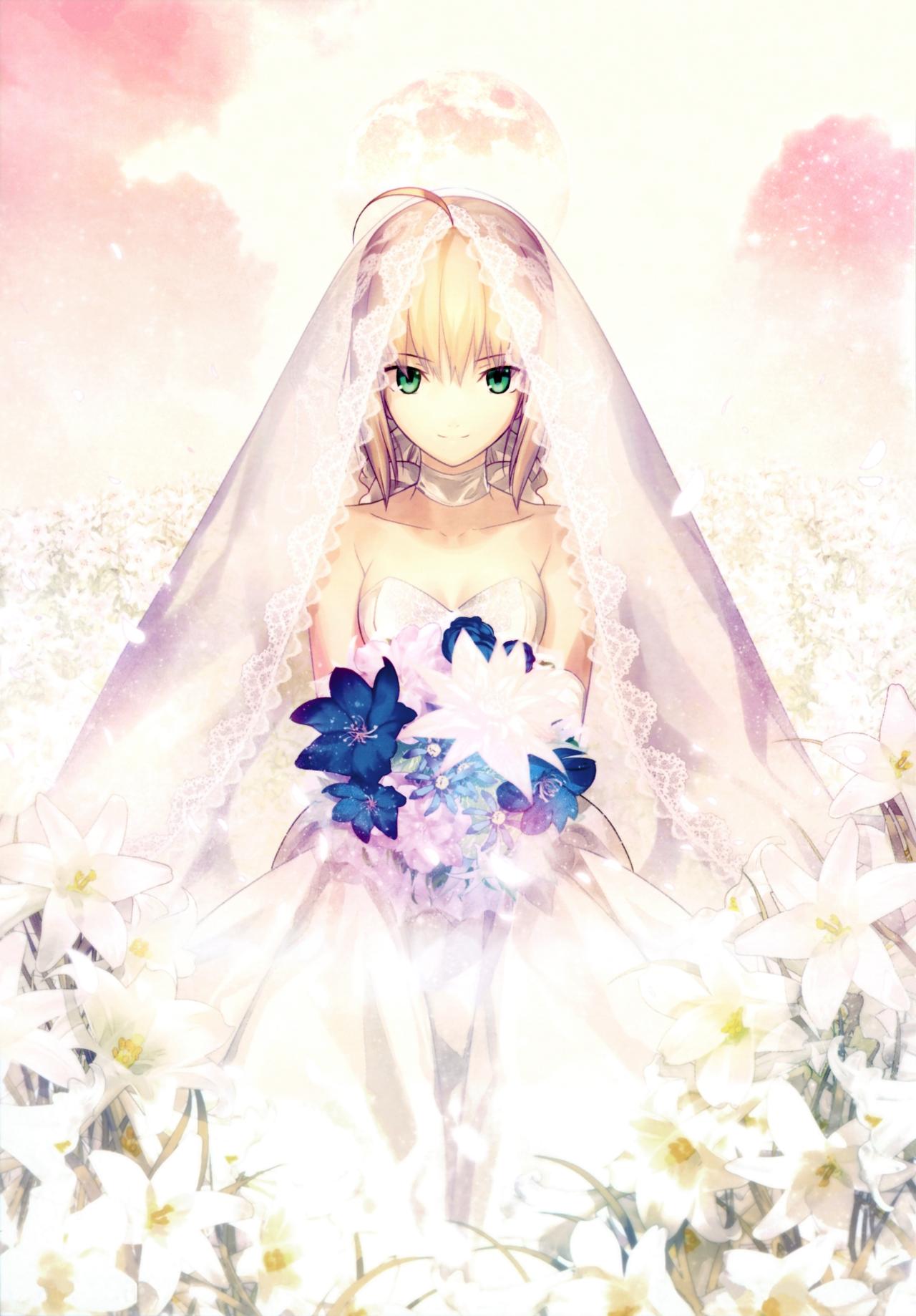 TYPE-MOON10周年纪念活动（TYPE-MOON Fes. -10TH ANNIVERSARY EVENT-）中首次公开的映像特典及CD合辑BD-BOX《TYPE-MOON Fes.》专辑封面阿尔托利亚·潘德拉贡Saber的白色婚纱