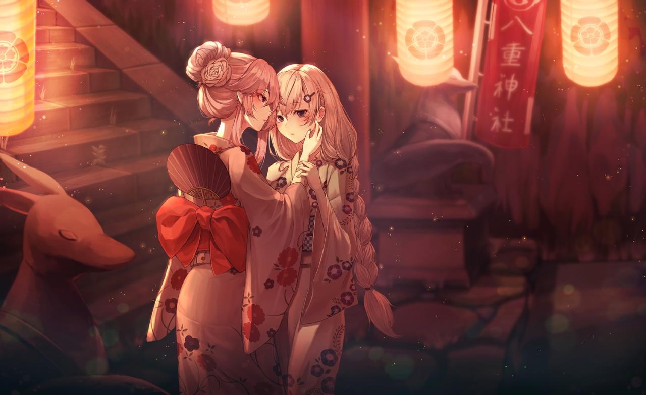 八重神社阶梯旁的粉色和服姐妹