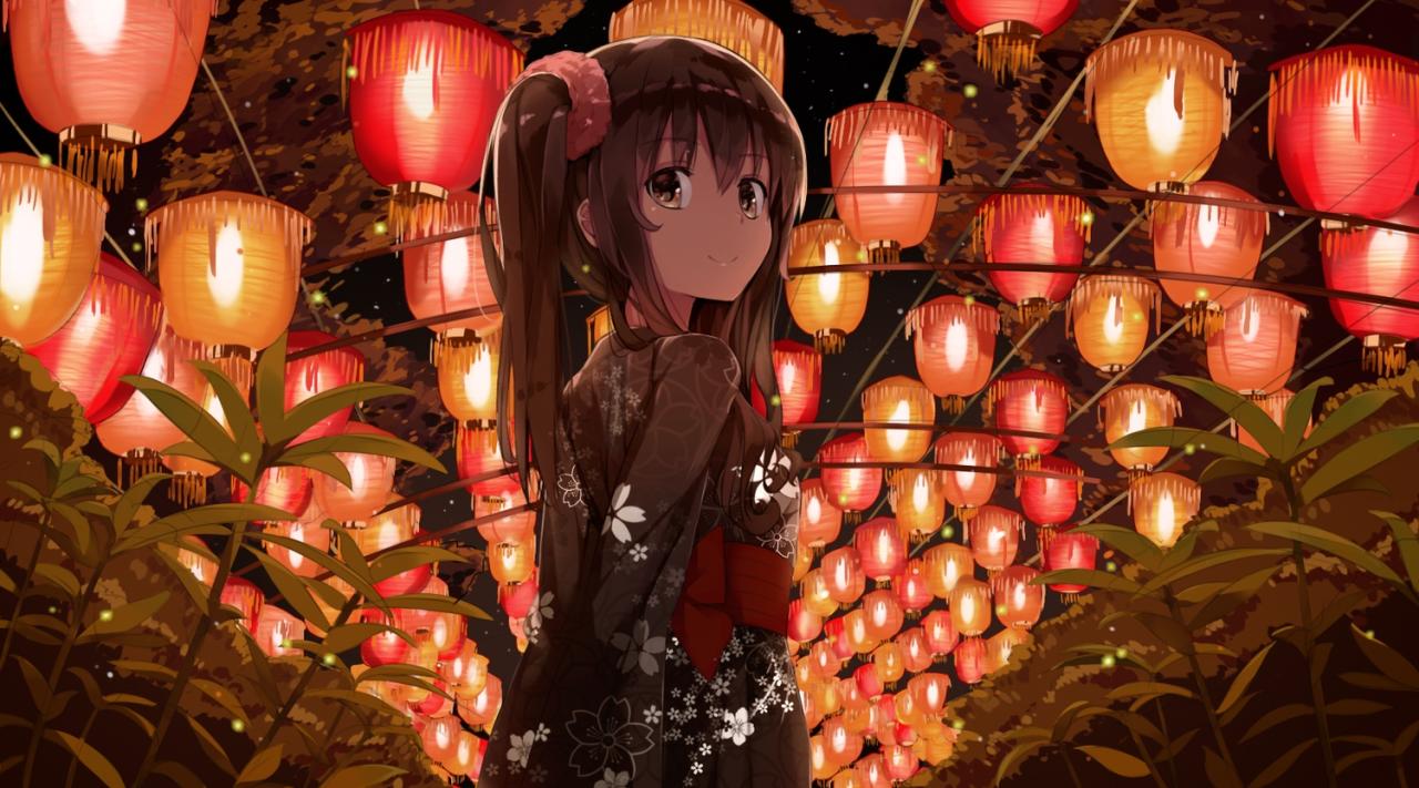 庙会灯会的和服少女回眸照