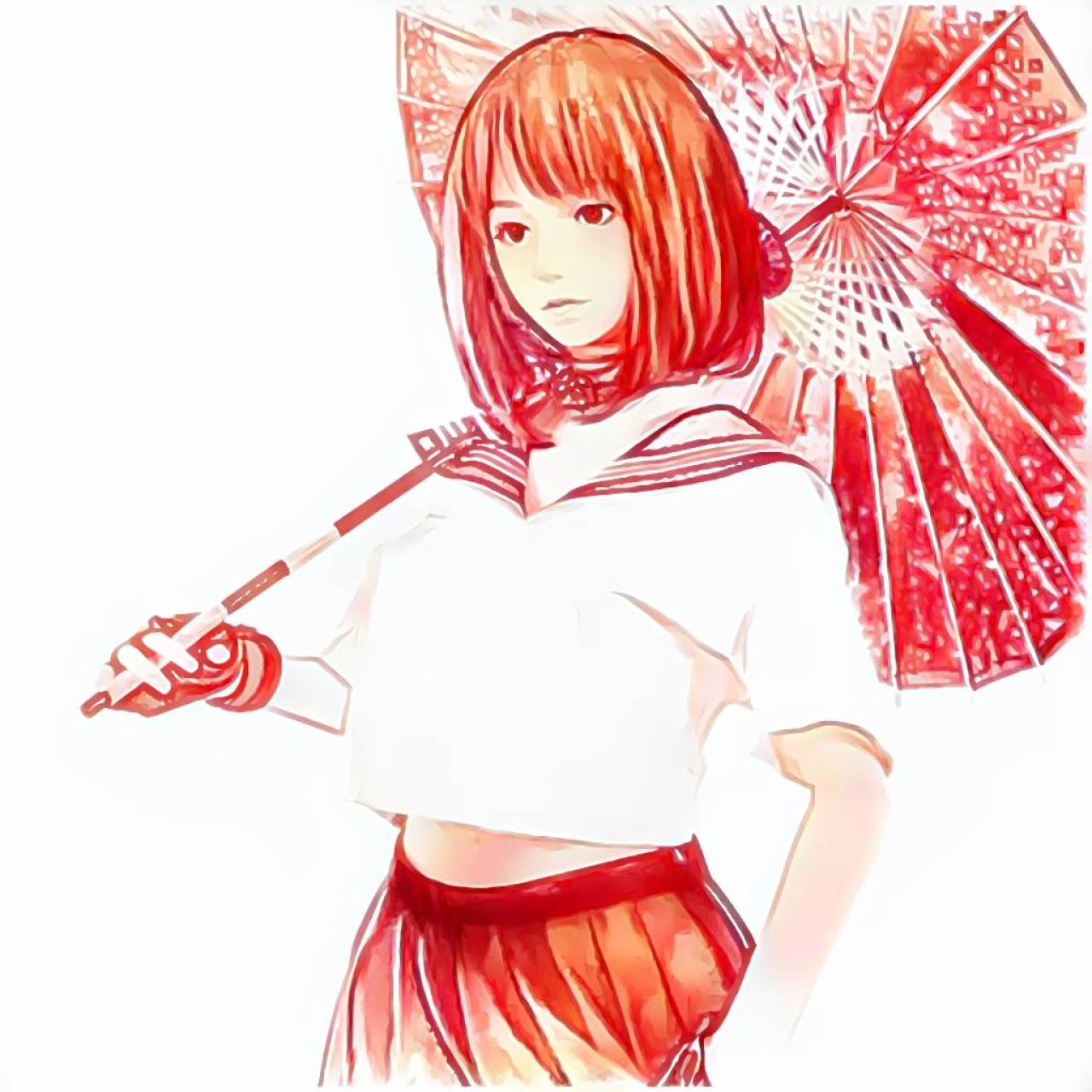 手持油纸伞，穿着水手服的实体娃娃 水彩画